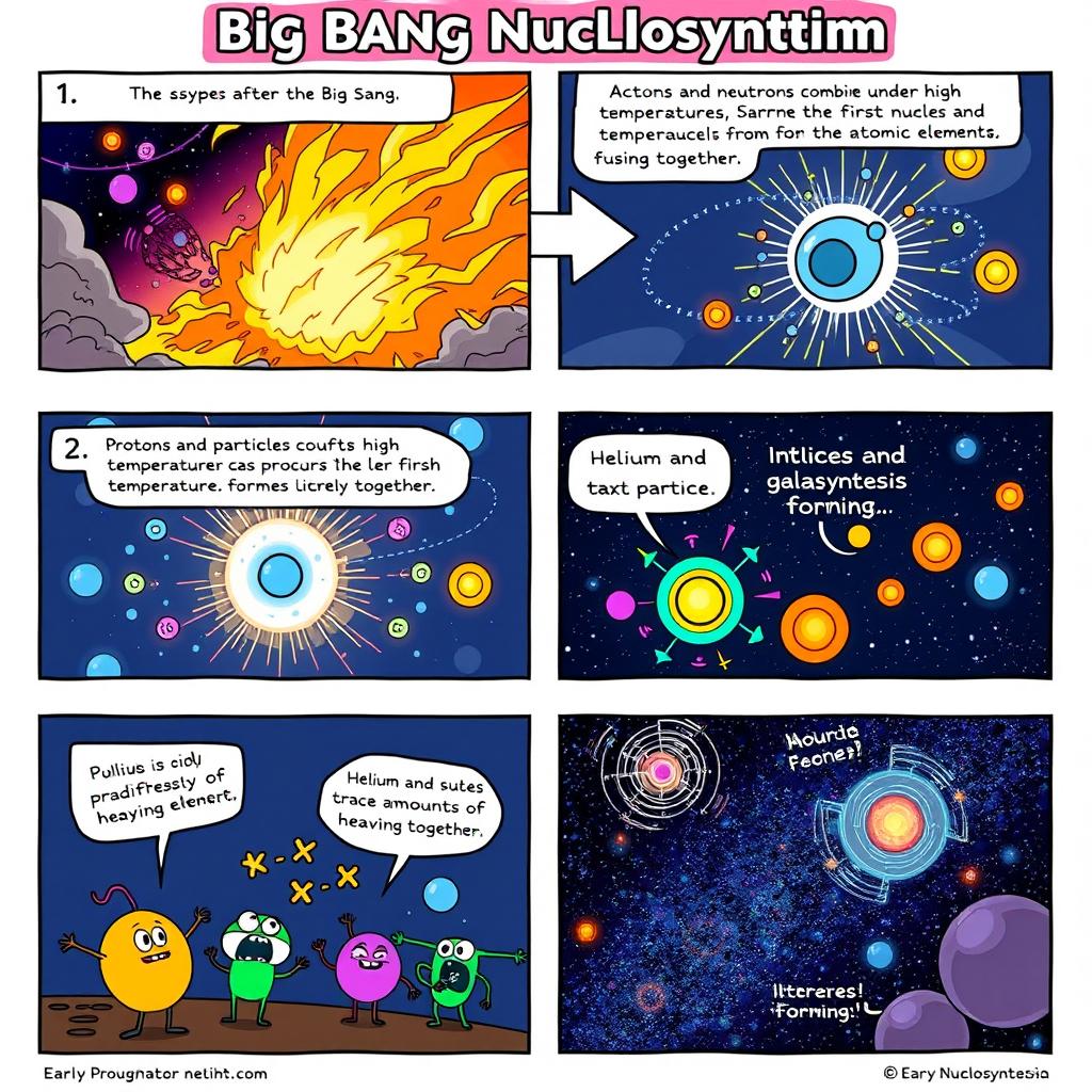 A vibrant comic strip depicting the process of Big Bang Nucleosynthesis