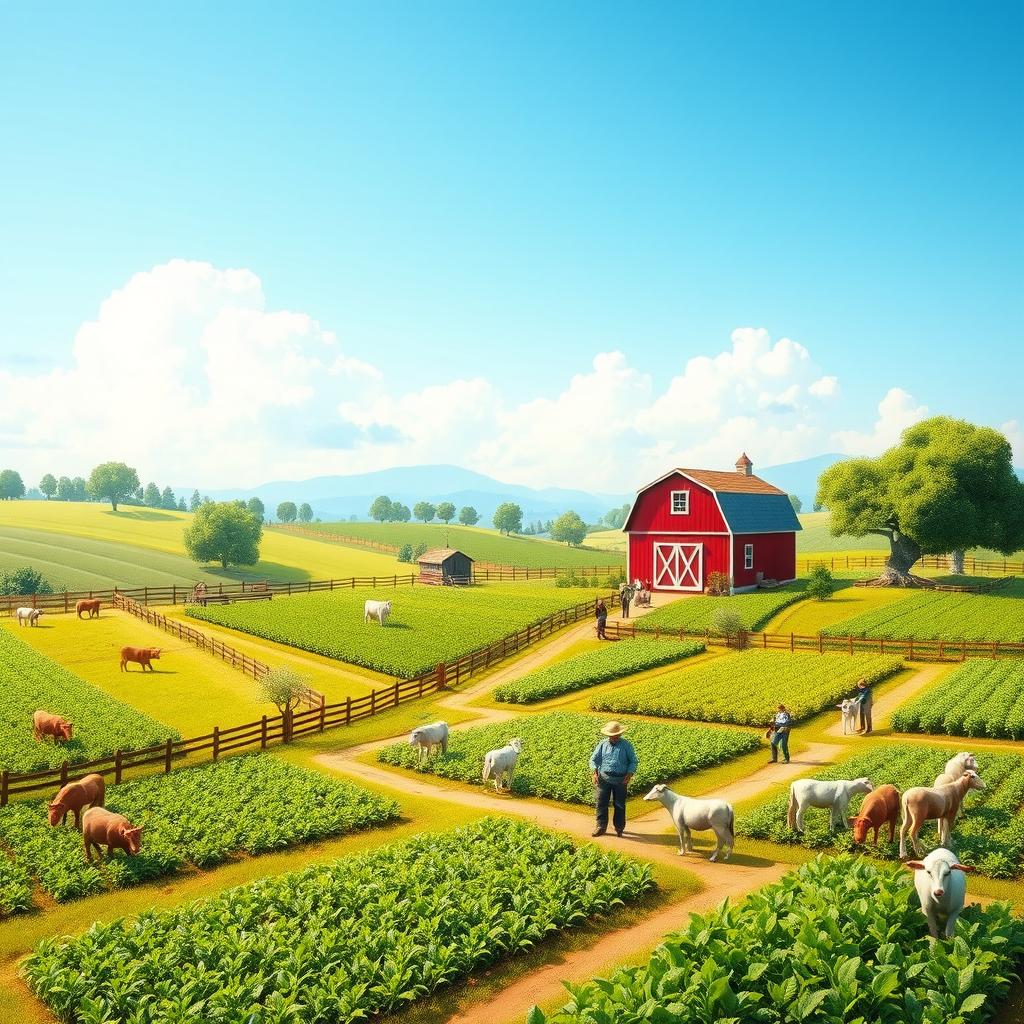 A vibrant and lively farm scene inspired by 'Breeder 3', showcasing a picturesque landscape with lush green fields filled with various crops and healthy livestock
