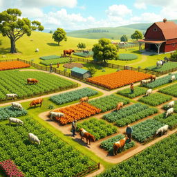 A vibrant and lively farm scene inspired by 'Breeder 3', showcasing a picturesque landscape with lush green fields filled with various crops and healthy livestock