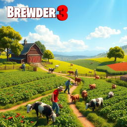 A vibrant and lively farm scene inspired by 'Breeder 3', showcasing a picturesque landscape with lush green fields filled with various crops and healthy livestock