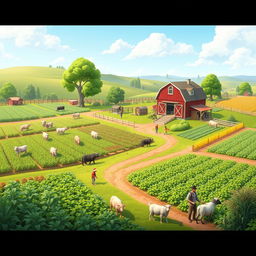 A vibrant and lively farm scene inspired by 'Breeder 3', showcasing a picturesque landscape with lush green fields filled with various crops and healthy livestock