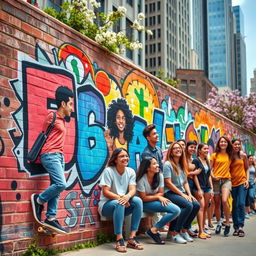 A modern reinterpretation of a vibrant reflection of contemporary youth culture, showcasing diverse groups of young people in a cityscape