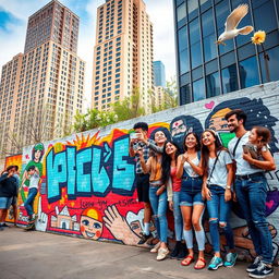 A modern reinterpretation of a vibrant reflection of contemporary youth culture, showcasing diverse groups of young people in a cityscape