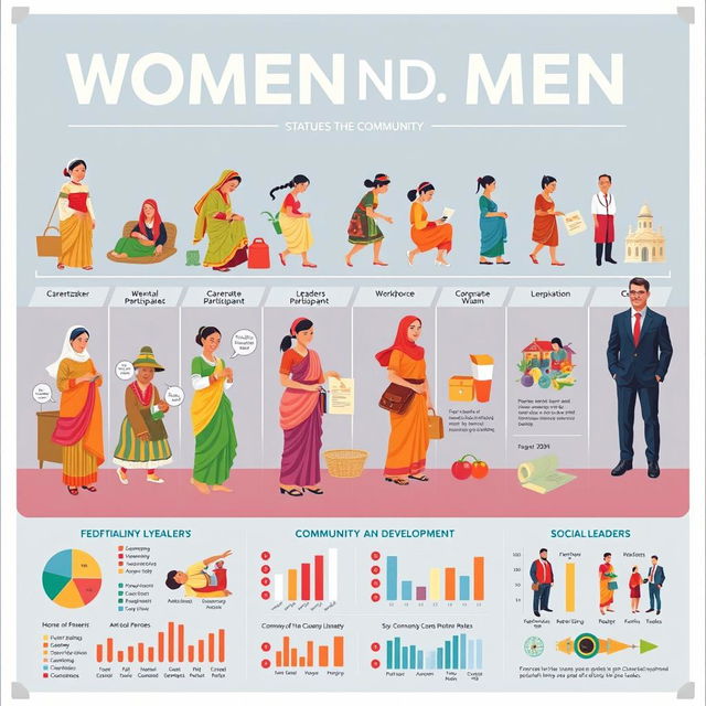 A poster depicting the roles and statuses of women and men throughout different historical periods in a community