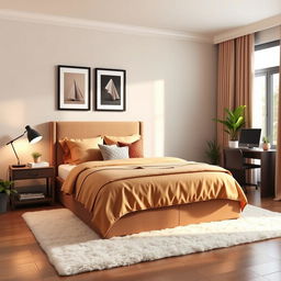 A cozy and stylish bedroom design featuring a comfortable queen-sized bed with a plush headboard, warm-colored bedding, and an assortment of decorative pillows