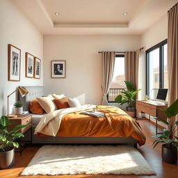 A cozy and stylish bedroom design featuring a comfortable queen-sized bed with a plush headboard, warm-colored bedding, and an assortment of decorative pillows