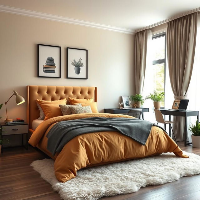 A cozy and stylish bedroom design featuring a comfortable queen-sized bed with a plush headboard, warm-colored bedding, and an assortment of decorative pillows