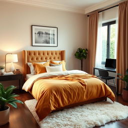 A cozy and stylish bedroom design featuring a comfortable queen-sized bed with a plush headboard, warm-colored bedding, and an assortment of decorative pillows