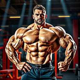 A muscular bodybuilder posing in a gym, showcasing massive biceps and sculpted abs, with a determined expression on his face