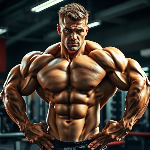 A muscular bodybuilder posing in a gym, showcasing massive biceps and sculpted abs, with a determined expression on his face