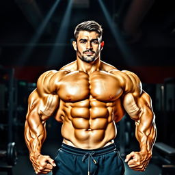 A muscular bodybuilder posing in a gym, showcasing massive biceps and sculpted abs, with a determined expression on his face