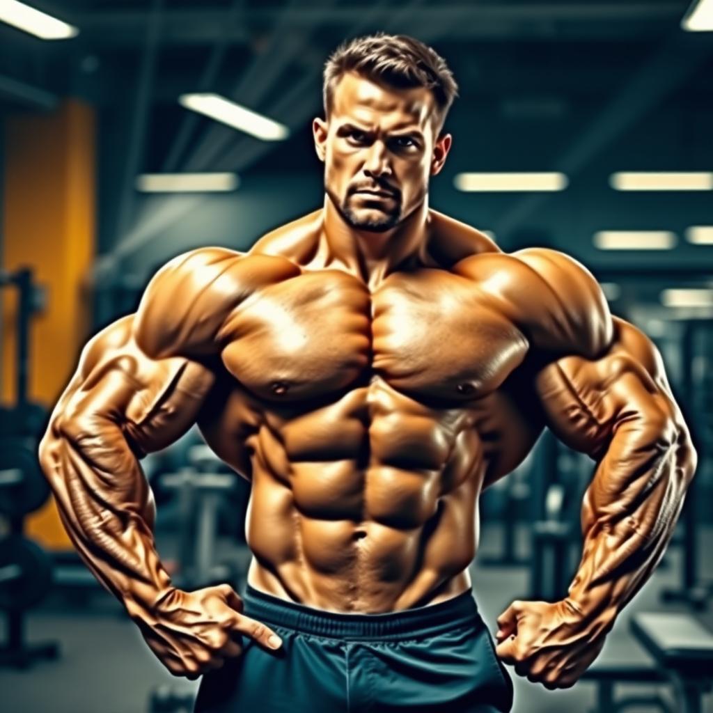 A muscular bodybuilder posing in a gym, showcasing massive biceps and sculpted abs, with a determined expression on his face