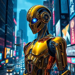A sleek and futuristic gold robot standing in an urban environment, surrounded by neon lights