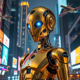 A sleek and futuristic gold robot standing in an urban environment, surrounded by neon lights