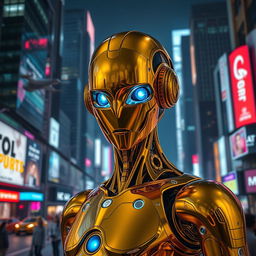 A sleek and futuristic gold robot standing in an urban environment, surrounded by neon lights