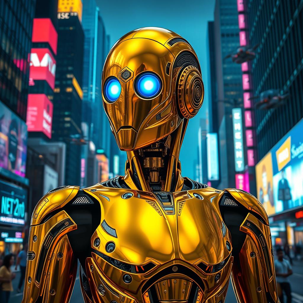 A sleek and futuristic gold robot standing in an urban environment, surrounded by neon lights
