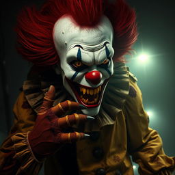 An immense, terrifying clown towering over a dark, foggy street