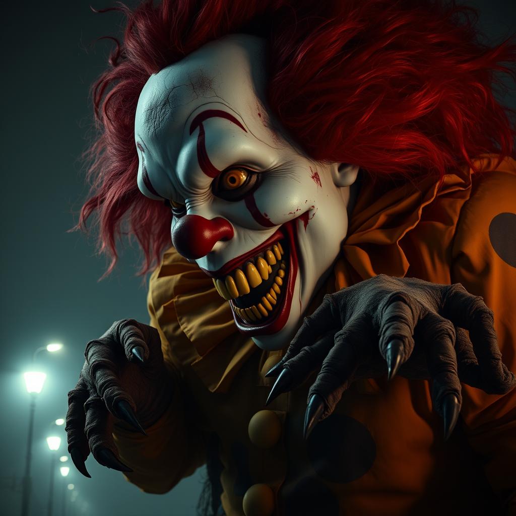 An immense, terrifying clown towering over a dark, foggy street