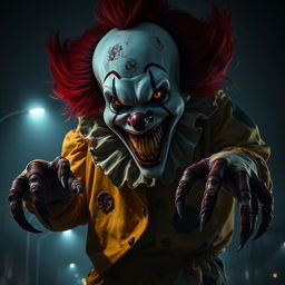An immense, terrifying clown towering over a dark, foggy street