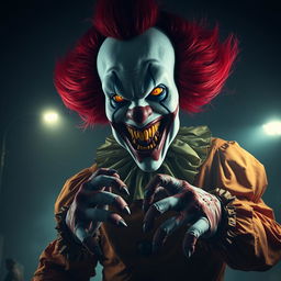 An immense, terrifying clown towering over a dark, foggy street