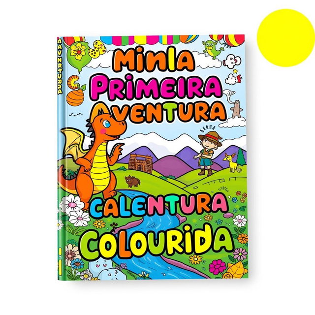 A coloring book cover design titled 'Minha Primeira Aventura Colorida', featuring vibrant colors and whimsical illustrations that evoke a sense of adventure