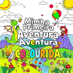 A coloring book cover design titled 'Minha Primeira Aventura Colorida', featuring vibrant colors and whimsical illustrations that evoke a sense of adventure