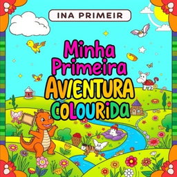 A coloring book cover design titled 'Minha Primeira Aventura Colorida', featuring vibrant colors and whimsical illustrations that evoke a sense of adventure