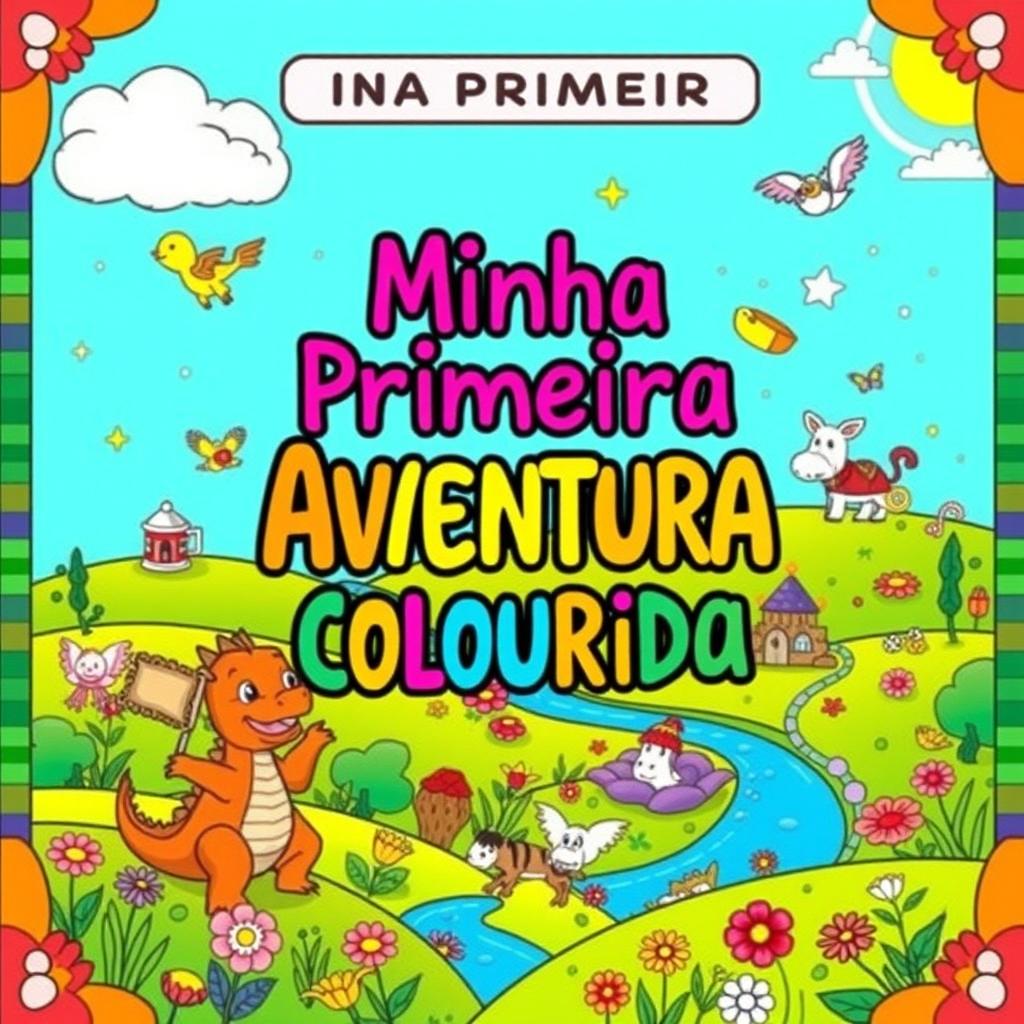 A coloring book cover design titled 'Minha Primeira Aventura Colorida', featuring vibrant colors and whimsical illustrations that evoke a sense of adventure