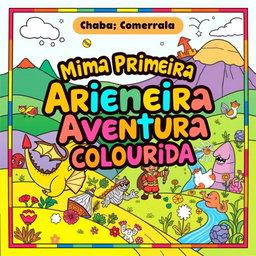 A coloring book cover design titled 'Minha Primeira Aventura Colorida', featuring vibrant colors and whimsical illustrations that evoke a sense of adventure