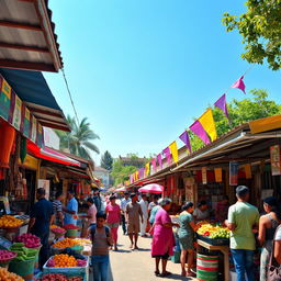 A vibrant local market scene during a sunny day, with colorful stalls filled with fresh fruits and vegetables, handmade crafts, and local delicacies