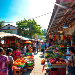 A vibrant local market scene during a sunny day, with colorful stalls filled with fresh fruits and vegetables, handmade crafts, and local delicacies