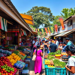 A vibrant local market scene during a sunny day, with colorful stalls filled with fresh fruits and vegetables, handmade crafts, and local delicacies