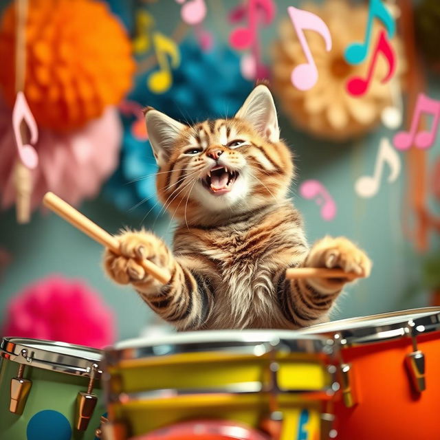 A playful and energetic cat enthusiastically playing a set of colorful drums