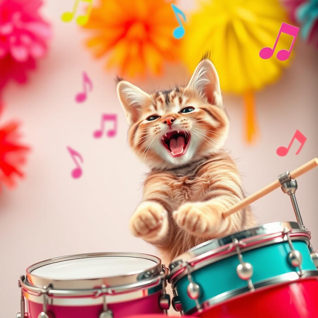 A playful and energetic cat enthusiastically playing a set of colorful drums