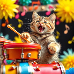 A playful and energetic cat enthusiastically playing a set of colorful drums