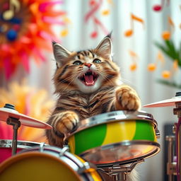 A playful and energetic cat enthusiastically playing a set of colorful drums