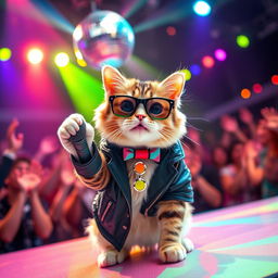 A playful cat dressed in stylish K-pop attire, featuring colorful accessories and trendy sunglasses