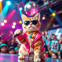 A playful cat dressed in stylish K-pop attire, featuring colorful accessories and trendy sunglasses