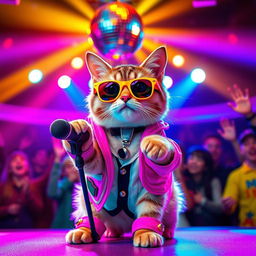 A playful cat dressed in stylish K-pop attire, featuring colorful accessories and trendy sunglasses