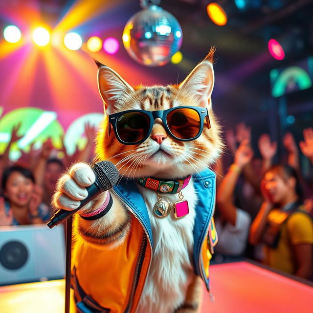 A playful cat dressed in stylish K-pop attire, featuring colorful accessories and trendy sunglasses