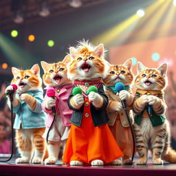 A vibrant and lively scene featuring five adorable cats styled like popular K-Pop singers, each holding a colorful microphone