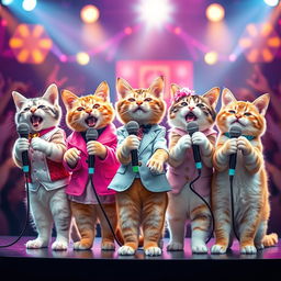 A vibrant and lively scene featuring five adorable cats styled like popular K-Pop singers, each holding a colorful microphone