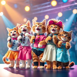 A vibrant and lively scene featuring five adorable cats styled like popular K-Pop singers, each holding a colorful microphone