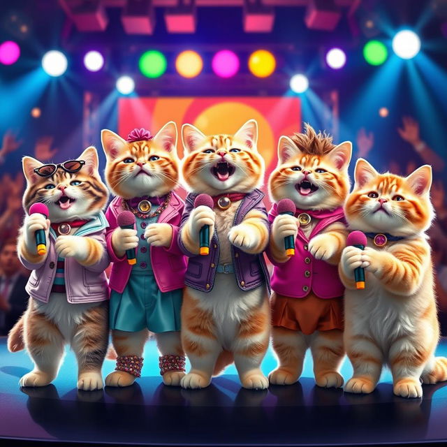 A vibrant and lively scene featuring five adorable cats styled like popular K-Pop singers, each holding a colorful microphone