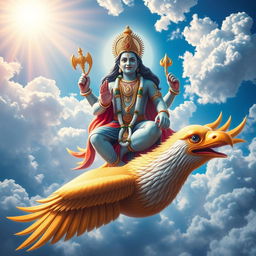 A divine representation of Lord Vishnu seated majestically on Garuda, the mythical bird