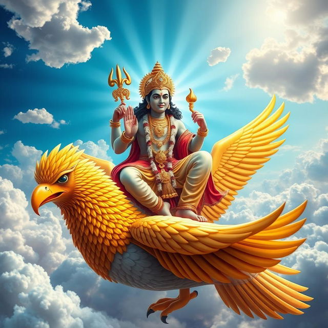 A divine representation of Lord Vishnu seated majestically on Garuda, the mythical bird