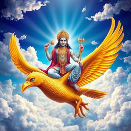 A divine representation of Lord Vishnu seated majestically on Garuda, the mythical bird