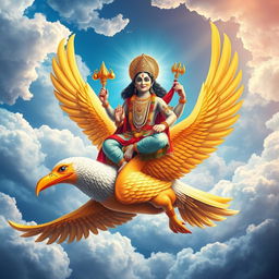 A divine representation of Lord Vishnu seated majestically on Garuda, the mythical bird