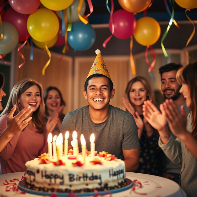 A cheerful celebration scene featuring a person at a birthday party, without a birthday cap