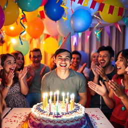 A cheerful celebration scene featuring a person at a birthday party, without a birthday cap